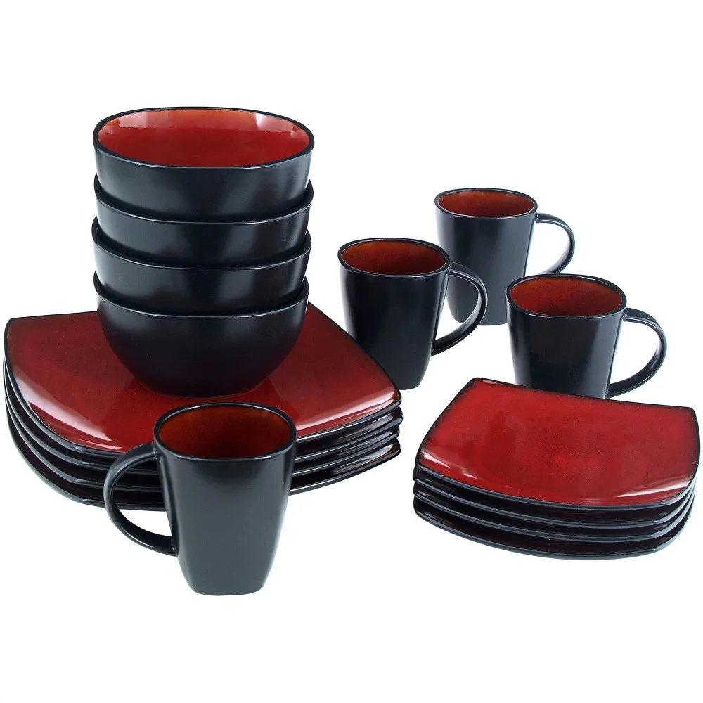 Купить красную посуду. Stoneware Dinnerware Set посуда. Красная посуда для кухни. Набор посуды красный. Набор квадратной столовой посуды.